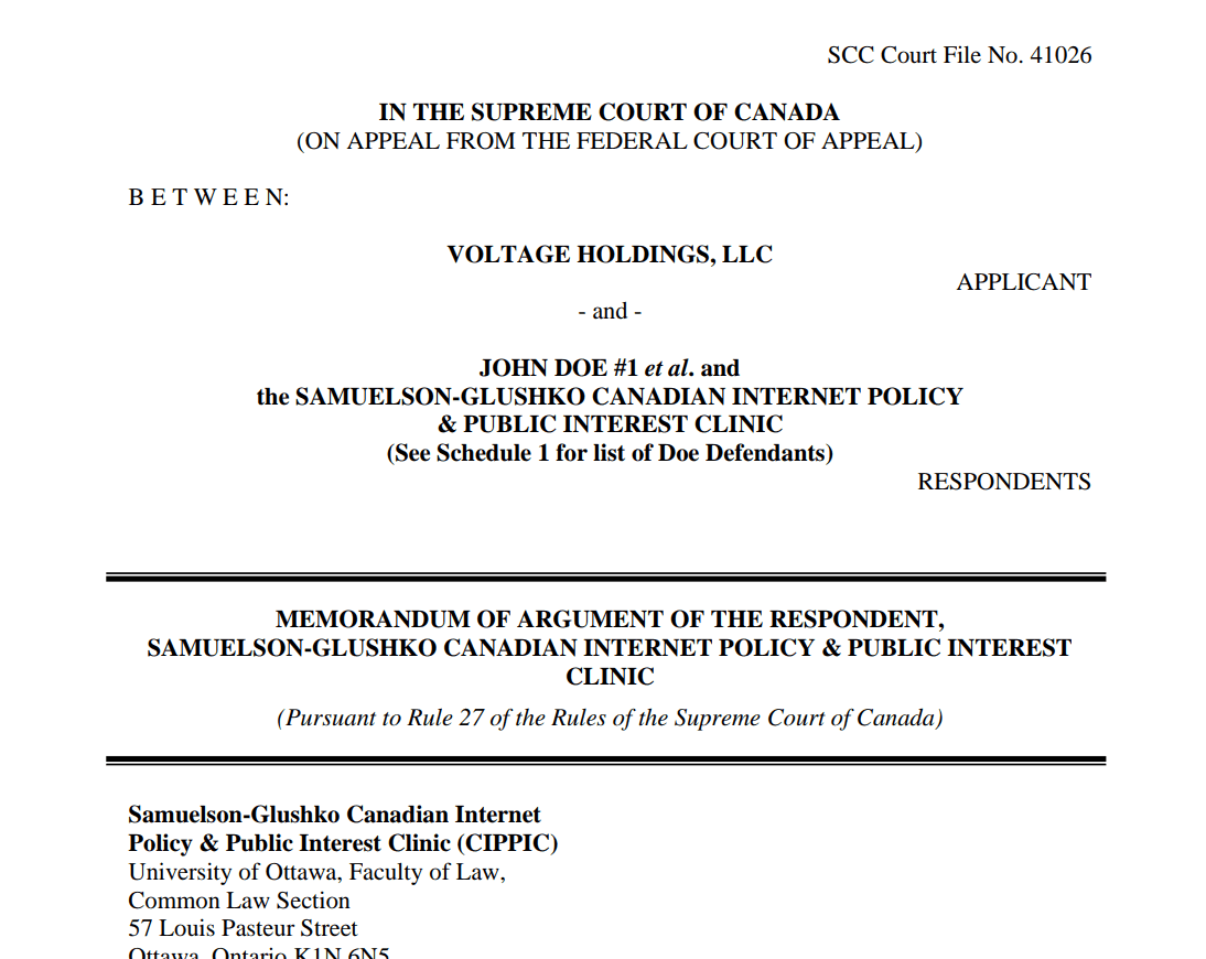 Cover page of the Voltage v Doe Memorandum of Argument of Respondent